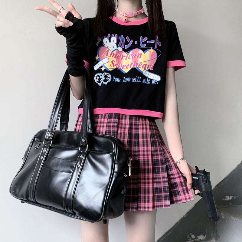 American Sweetheart Bandaid Bunny Streetwear E-girl Grunge Japanese Y2K Print Cotton Black Short Sleeved T-shirt Tees Top