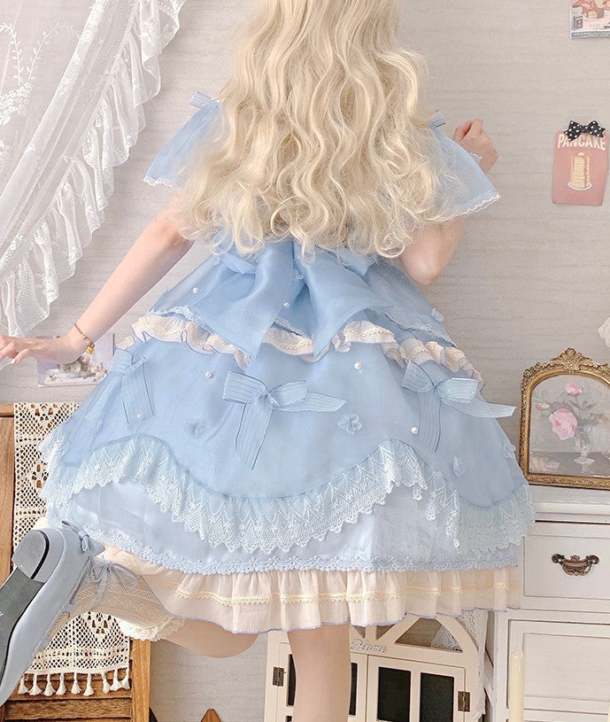 Fancy Beautiful Elegant Cinderella Blue Cream Gown Lace Bow Decorated Princess Dress