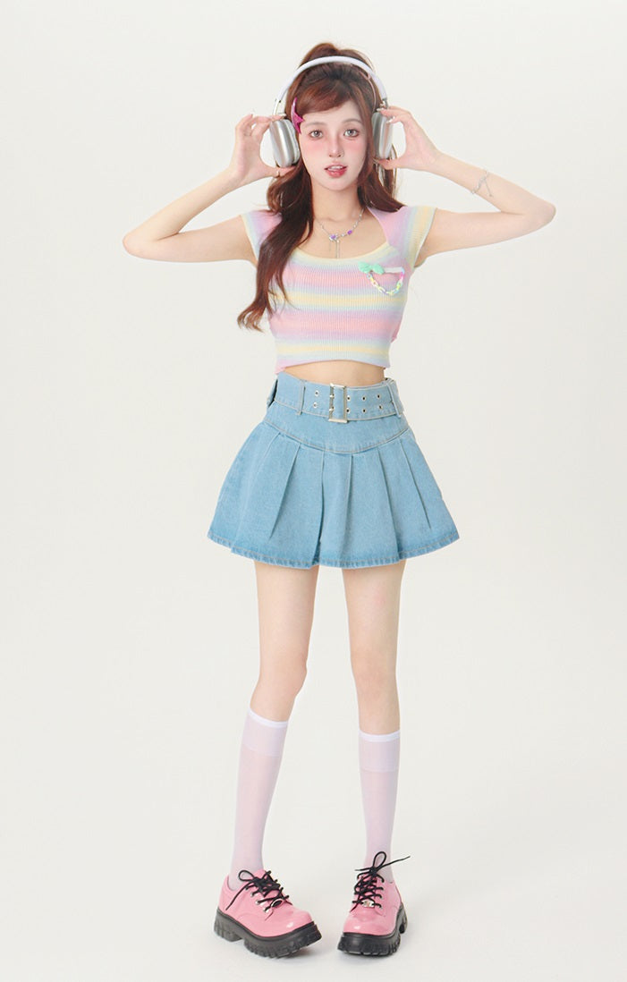 Bubblegum Sweet Pastel Rainbow Short Sleeve Knitted Top T Shirt