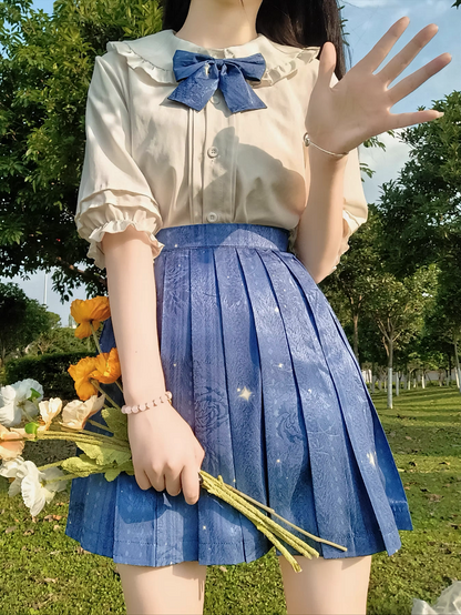 Stardust Midnight Navy Blue Stars Pattern Japanese School Student Uniform Seifuku Cosplay Short Skirt with Pockets