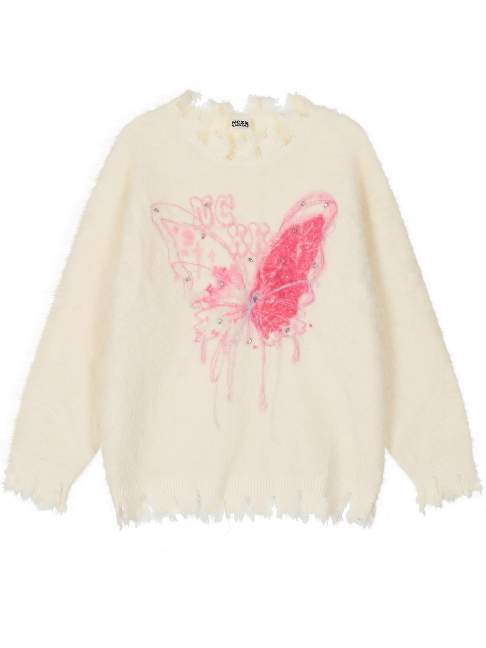 Butterfly Print Diamond Pullover Knitted Pink White Oversize Sweater