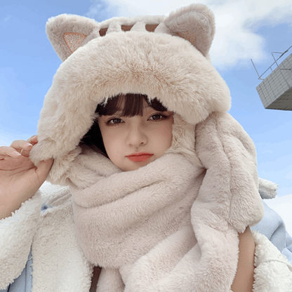 Cute Scarf Bear Cat Kitty Neko Ears Three Piece Sweet Hood Plush Thick Warm Winter Gloves Hat