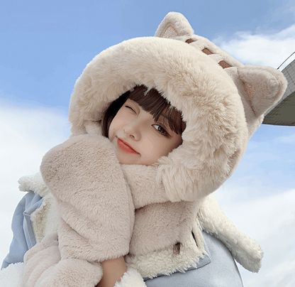 Cute Scarf Bear Cat Kitty Neko Ears Three Piece Sweet Hood Plush Thick Warm Winter Gloves Hat