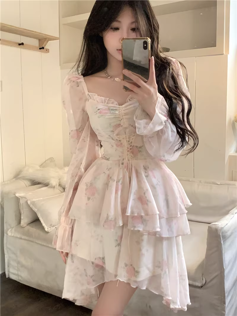 Pink Rose Flower Pretty Fairy Spring Summer Women White Coquette Long Sleeve Dress