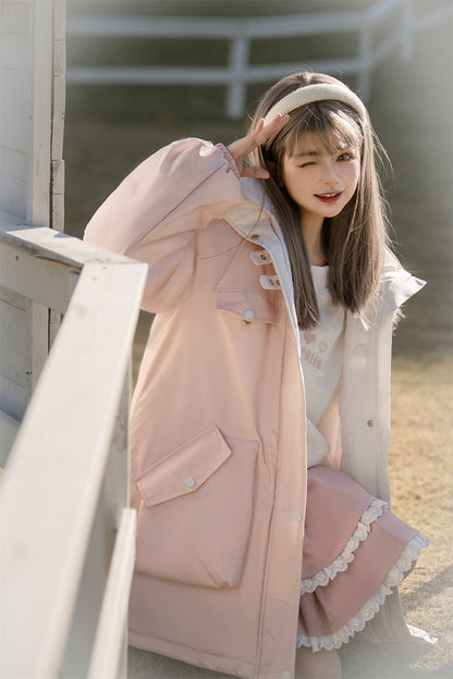 Pink & Blue Fur Collar Hooded Thick Warm Padded Coat Jacket