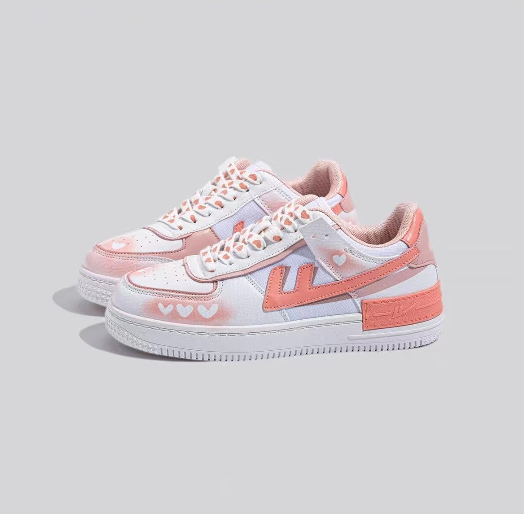 Coral Pink & White Little Mini Hearts Spring Summer Causal Girl Sweet Cute Women Sneakers Sports Running Shoes