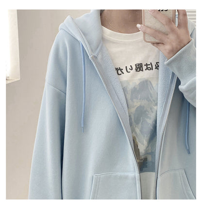 Pastel Light Pink Blue Yellow Cute Causal Street Zipper Hoodie