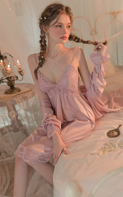 Smooth Silk Lace See Through White Pink Nightdress Nightgown Robe