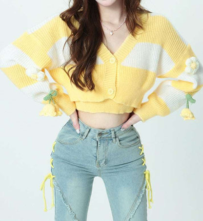 Bubblegum Bumblebee Yellow Flower Vest Sweater Cardigan Two Piece Set