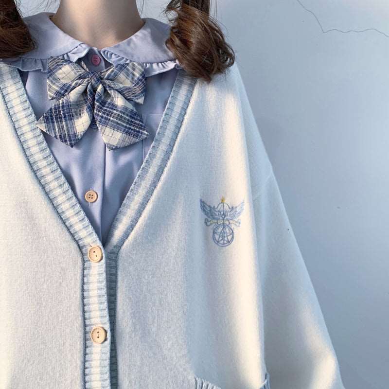 Japanese Cute Girl Student Spring Summer Autumn Fall Winter Fashion Angel Star Symbol Blue Pink Stripe White Sweater Cardigan