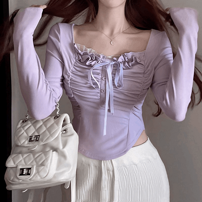 Chic White Purple Sweet Beautiful Lace Ribbon Long Sleeve Shirt