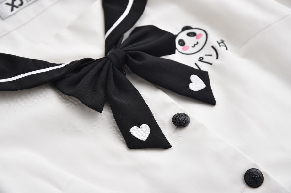 Panda Black White Cute Japanese Student Sailor Uniform Seifuku Shirt Skirt Two Piece Set