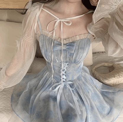 Sky Blue Magic Crystal Sweet Fairy Princess Bow Lace Spring Summer Strap Dress