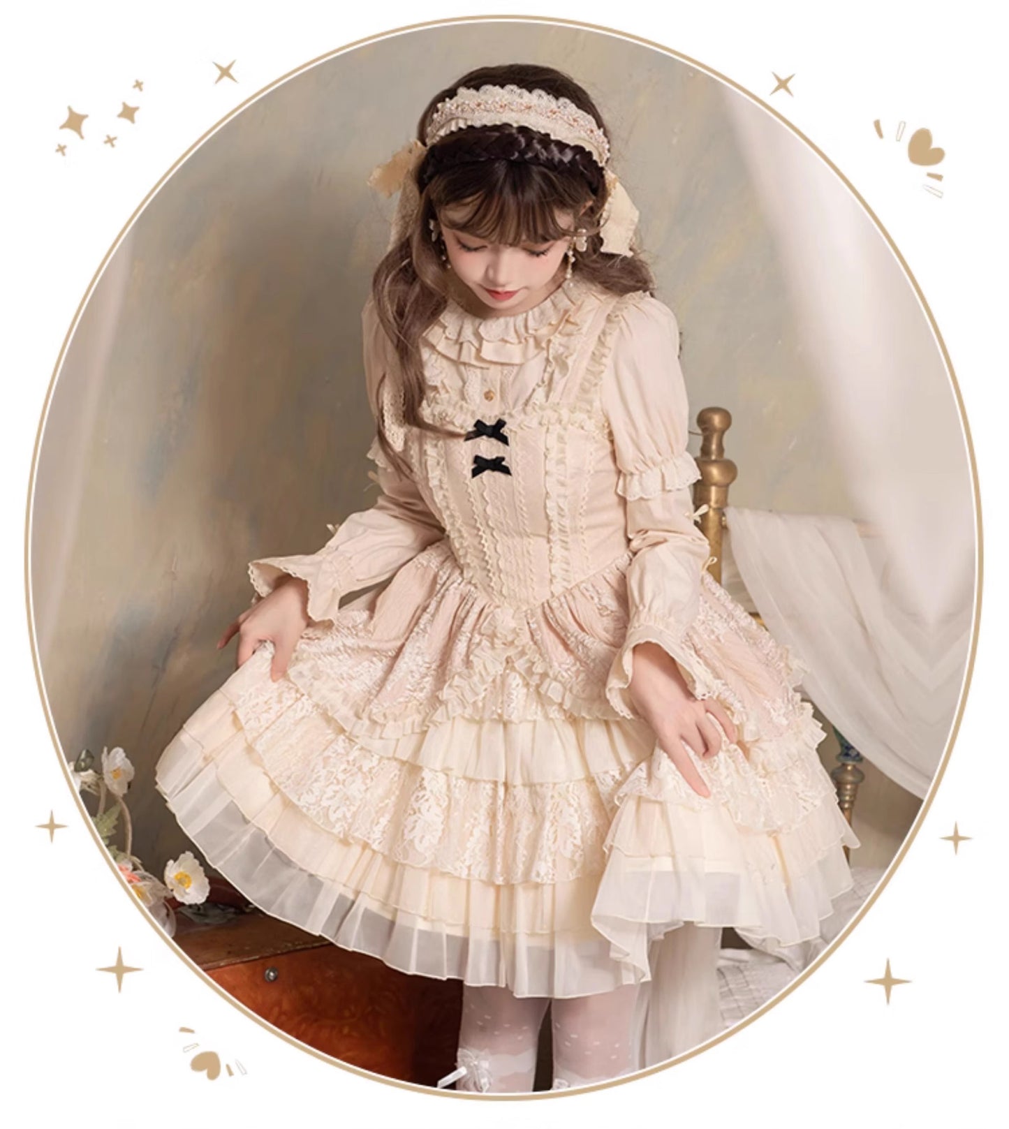 Universal Lolita Music Box White Cream Color Sweet Princess Lace Bow Dollcore Girl Strap Dress