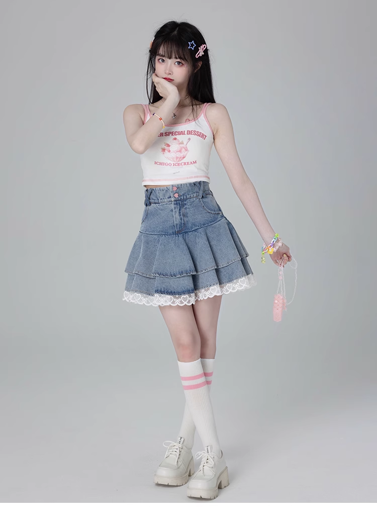 Y2K Sweet White Lace Heart Buttons Blue Denim Mini Skirt