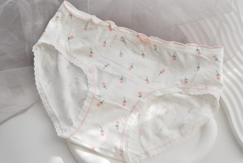 Tulip Flowers White Pink Green Lining Sweet Cotton 5 Panties Underwear Set