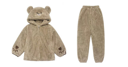 Brown Teddy Bear Plush Coral Fleece Winter Pajamas Hooded & Pants Two Piece