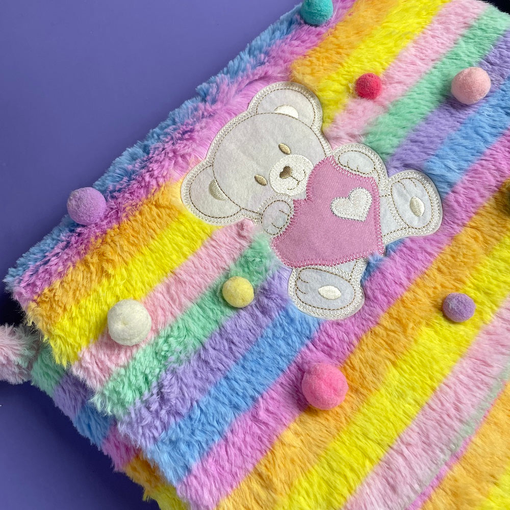 Mori Girl Vintage Retro Bear Rainbow Fluff Plush 3D Messenger Bag