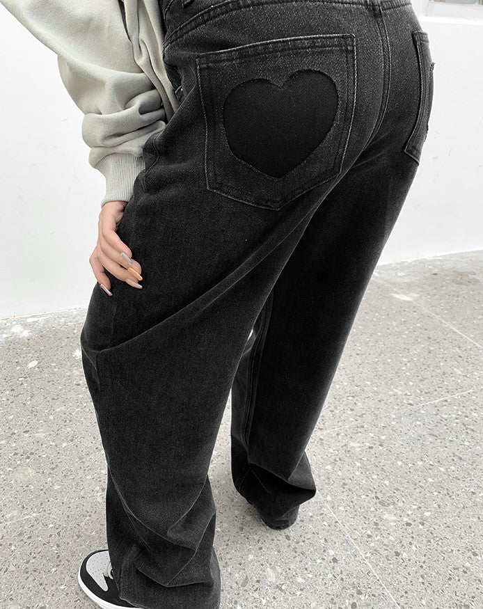 Street Black & Gray Heart High Waist Jeans Pants