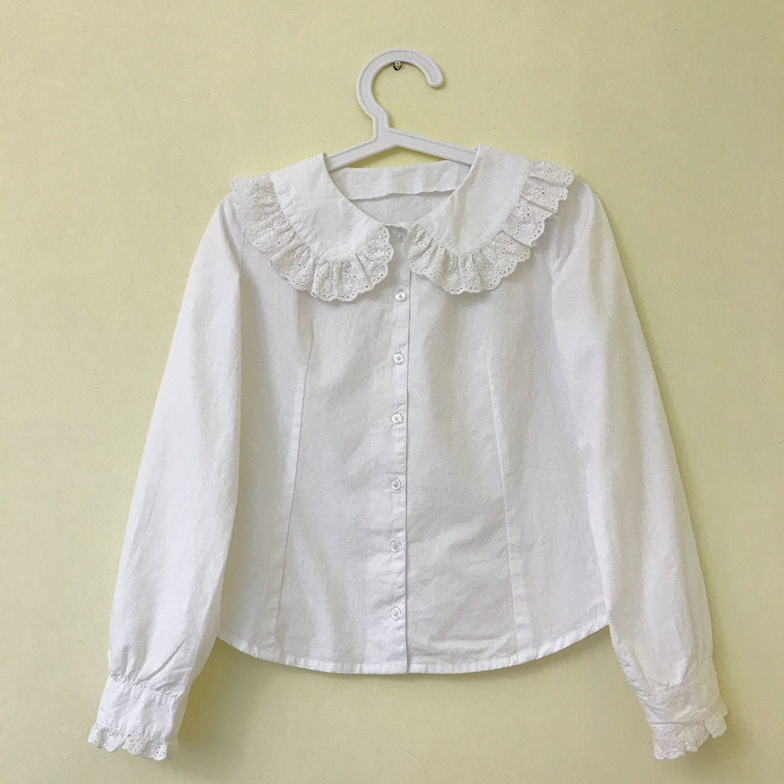 Plain Jane Embroidery Lace Cotton Doll Collar White Shirt Blouse