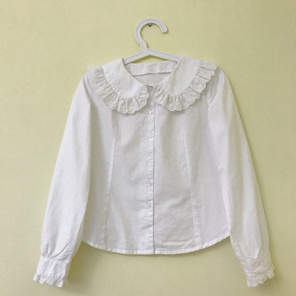 Plain Jane Embroidery Lace Cotton Doll Collar White Shirt Blouse