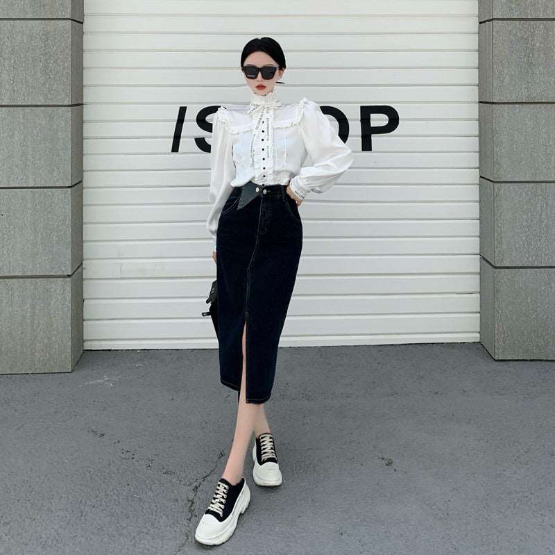 Women Fashion Bowknot High Collar Text Bow French Victorian Style Black White Long Sleeve Shirt