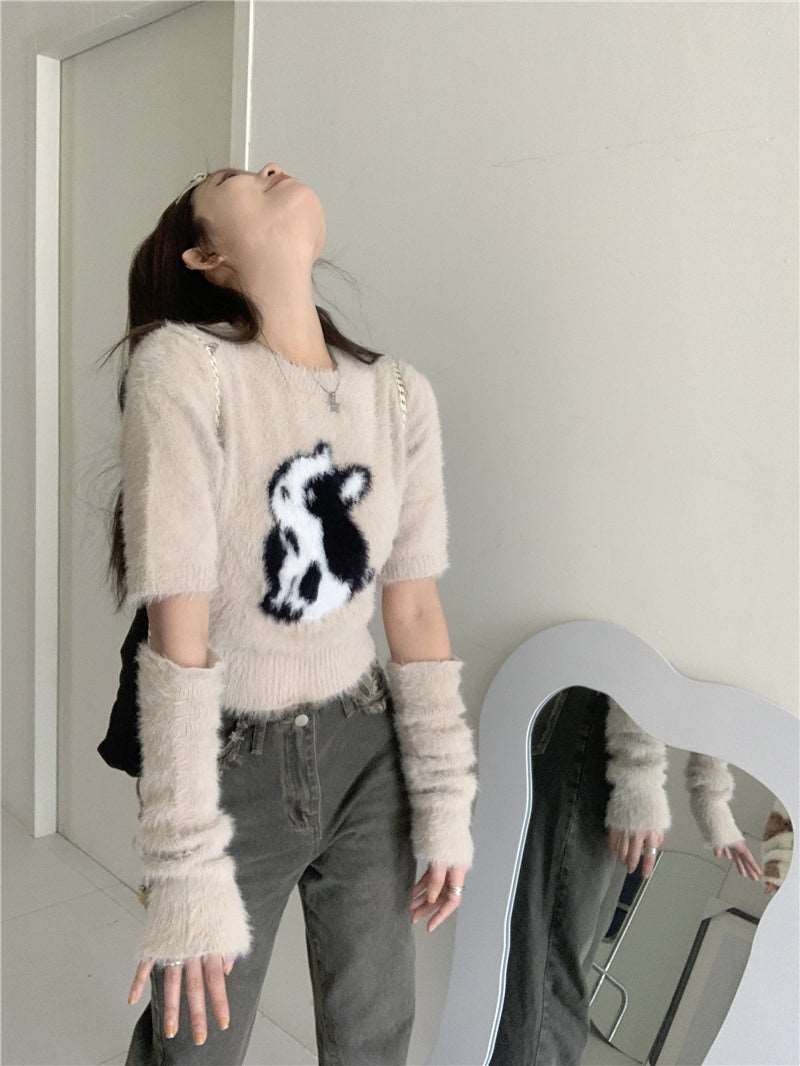 Autumn Bunny Rabbit Knitted Plush Fluff Removable Sleeves Brown Top Shirt