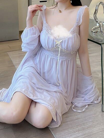 Sexy Delicate Fairy Lace See Through White Pink Purple Nightdress Robe