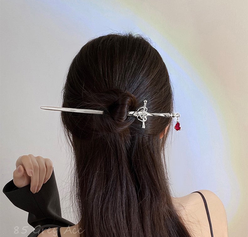 Fantasy Gothic Ancient Sword Girl Silver Red Metal Hairpin Clip Hair Accessories