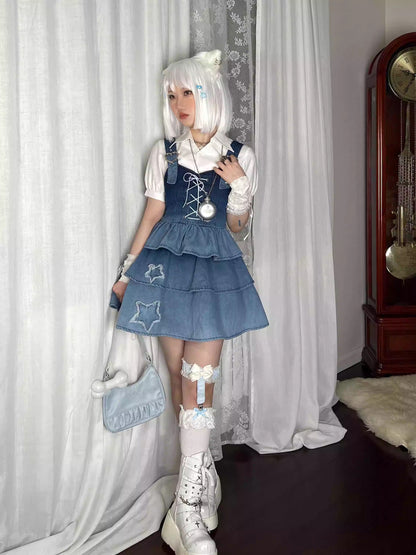 Y2K Cute Gradient Dyed Blue Stars Denim Suspender Shirt & Short Skirt Two Piece Set