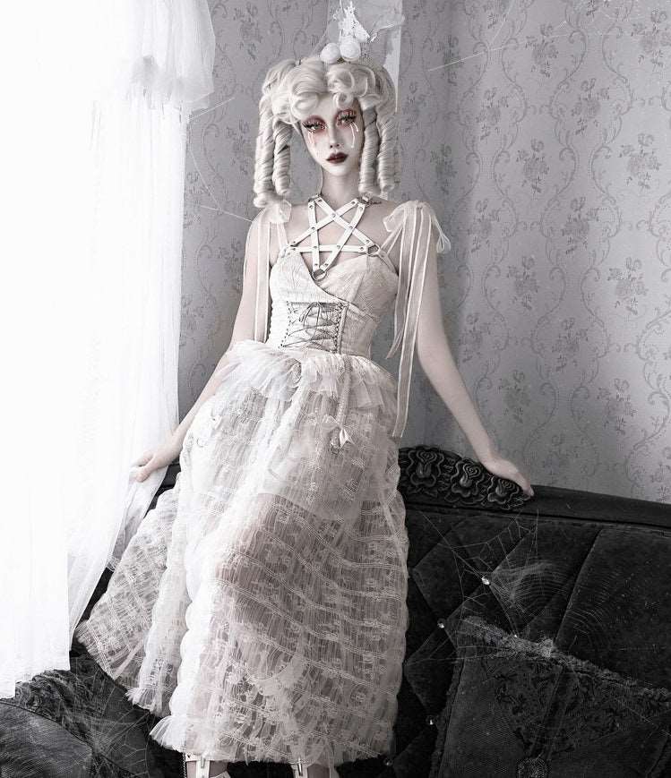 Blood Supply The White Doll Goth Jacquard Lace Bow Pentagram Strap Dress