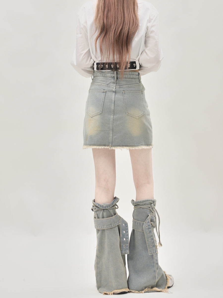 Butterfly Denim Skirt with Matching Leg Warmers Tint Denim Light Blue Y2K