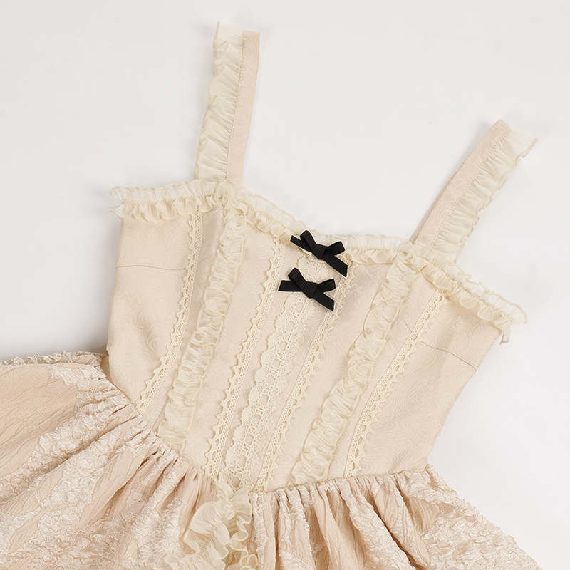 Universal Lolita Music Box White Cream Color Sweet Princess Lace Bow Dollcore Girl Strap Dress