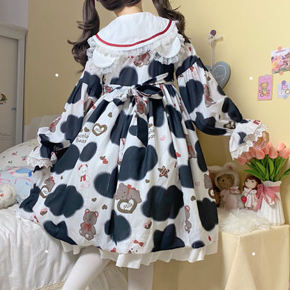 Heart Teddy Bear Milk Black & Pink Sailor Collar Long Sleeve Dress