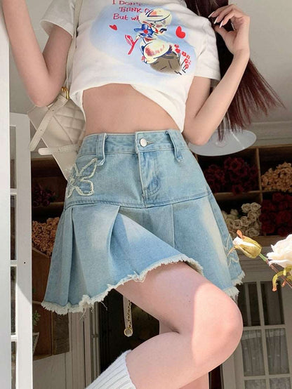 Summer Spring Fashion Girl Women Butterfly Embroidery A-line Pleated Denim Jeans Skirt