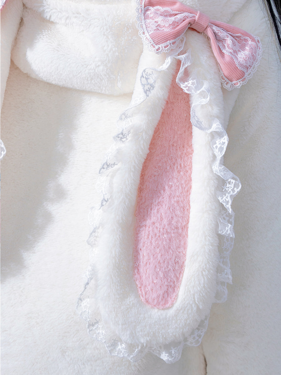 Pastel Pink & White Pattern Lace Sweet Japanese Girl Rabbit Ears Hooded Coat