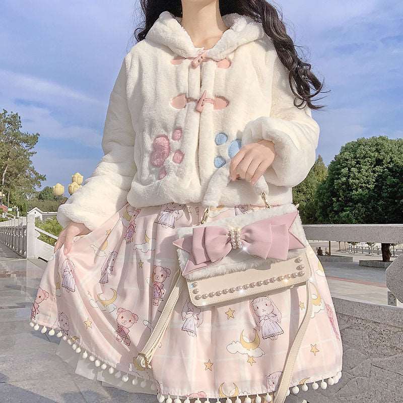 Japanese Fashion Girl Cute Autumn Winter Velvet Plush Rabbit Bunny Ears Blue Pink Paw White Jacket Coat