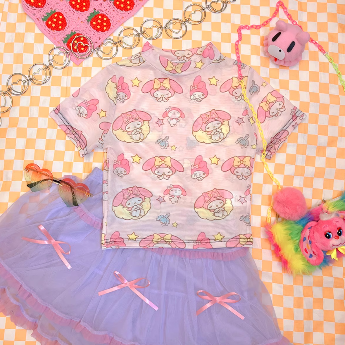 Melody Cartoon See Through Harajuku Anime Hot Pink Sexy Y2K Thin Summer Shirt Top