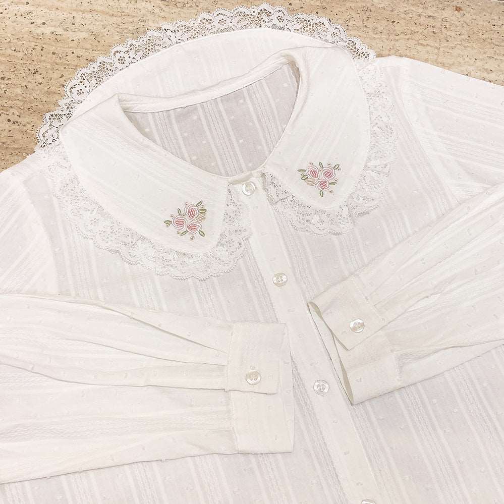 Bouquet of Roses Embroidery Lace Cotton Doll Collar White Shirt Blouse