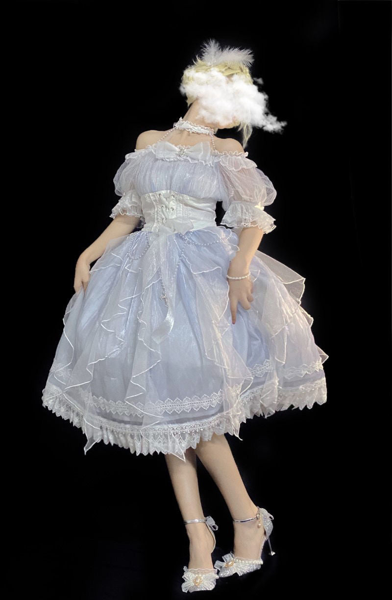 Cinderella Layered Lace Pearl Bow Blue White Dress