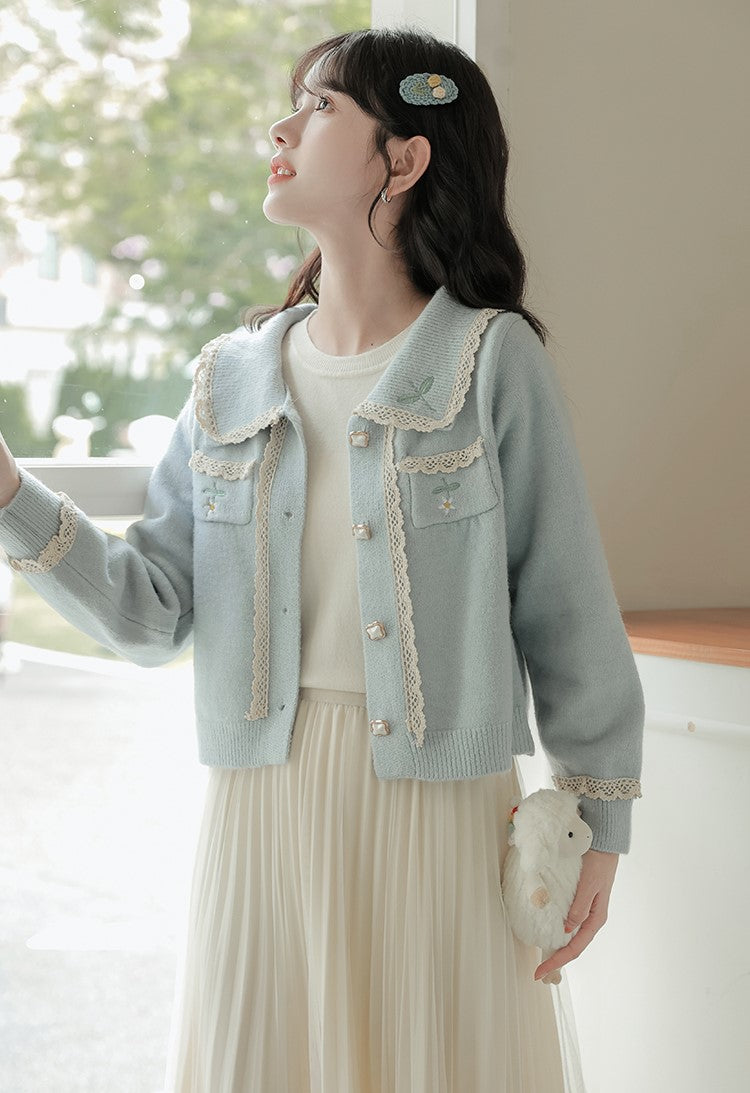 Flower Girl Embroidery Soft Blue Pink Cardigan