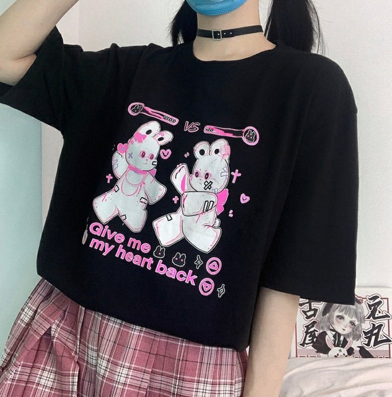 Give me my heart back Rabbit Black Pink Oversize T-shirt