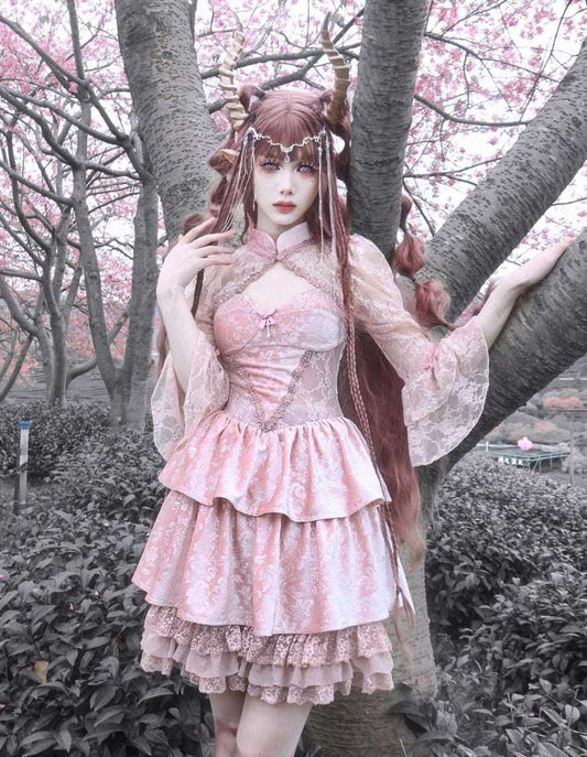Guardian of Sakura Tress Gothic Lace Velvet Pink Cake Short Dress