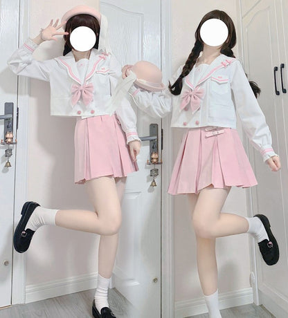 Japanese School Girl Cosplay Sailor Uniform Sakura Pink White Top & Skirt Two Piece Set