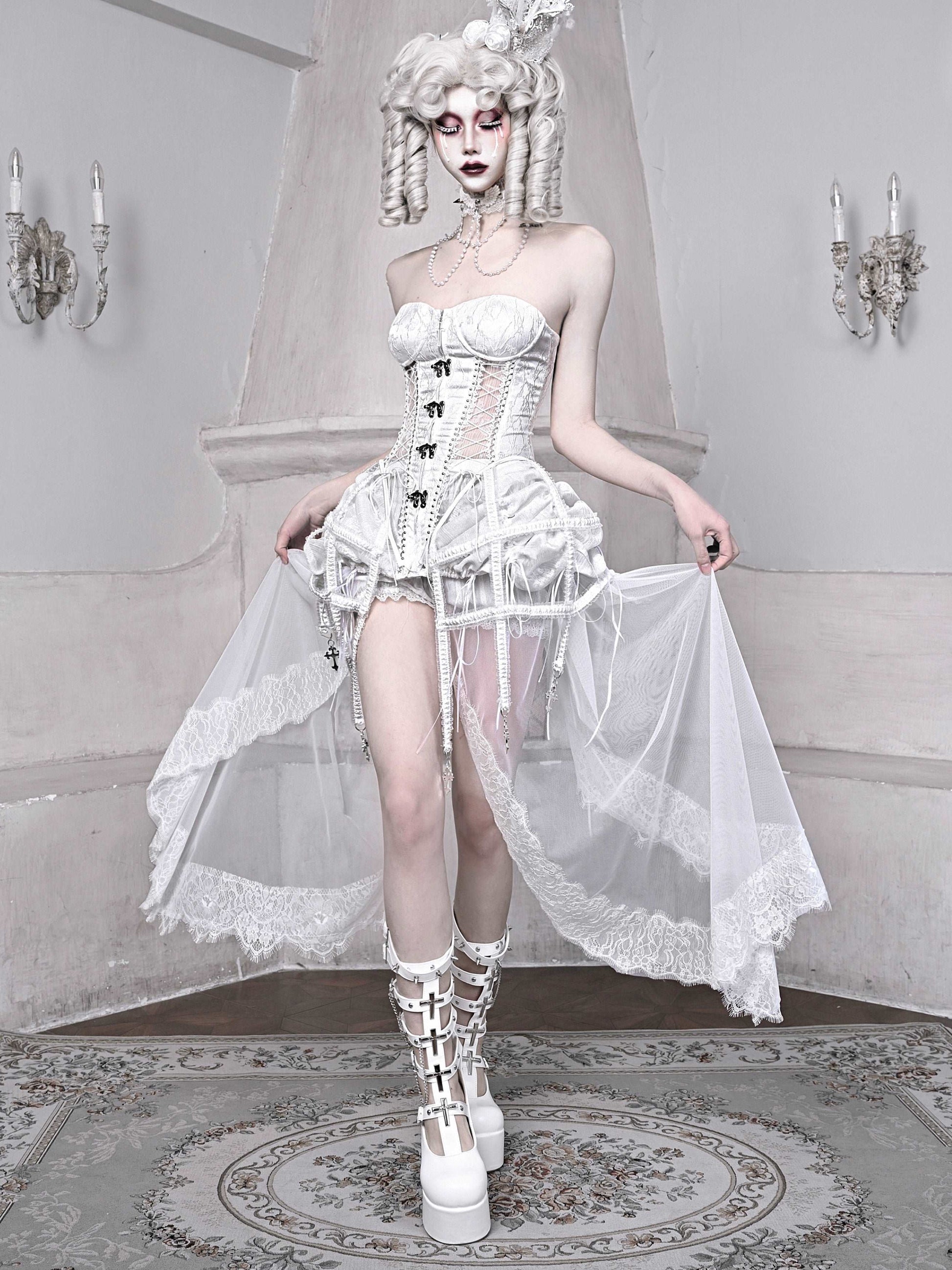 The White Doll Princess Silver Cross Fishbone Birdcage Corset Four Piece Set