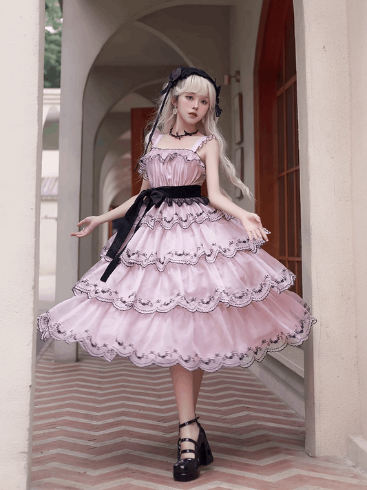 Dance of the Flowers Princess Elegant Black Pink Strap Dress