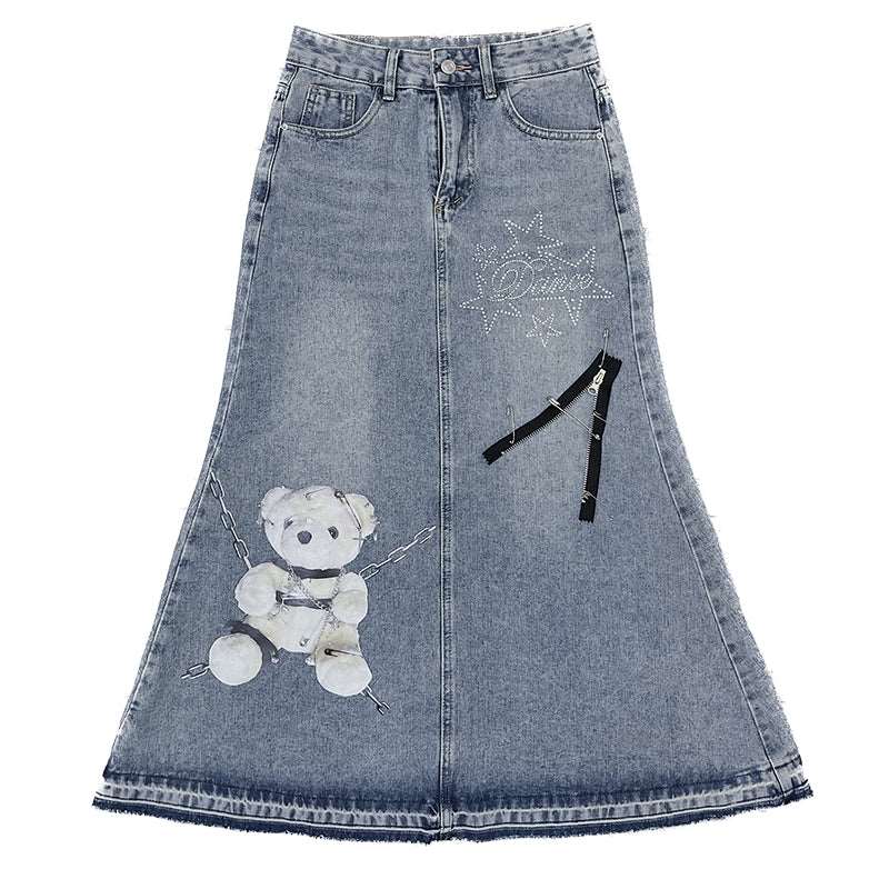 Bear Chain Street Hiphop Style Y2K Hot Girl Mid-length Denim Skirt