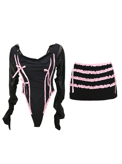 Lucia Balletcore Elegant Coquette Pink Black Lace Top Hooded Short Mini Skirt Two Piece Set