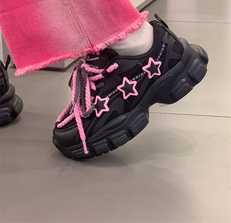 Pink Stars Y2K Girl Thick Soles Black Sporty Sneakers Running Shoes