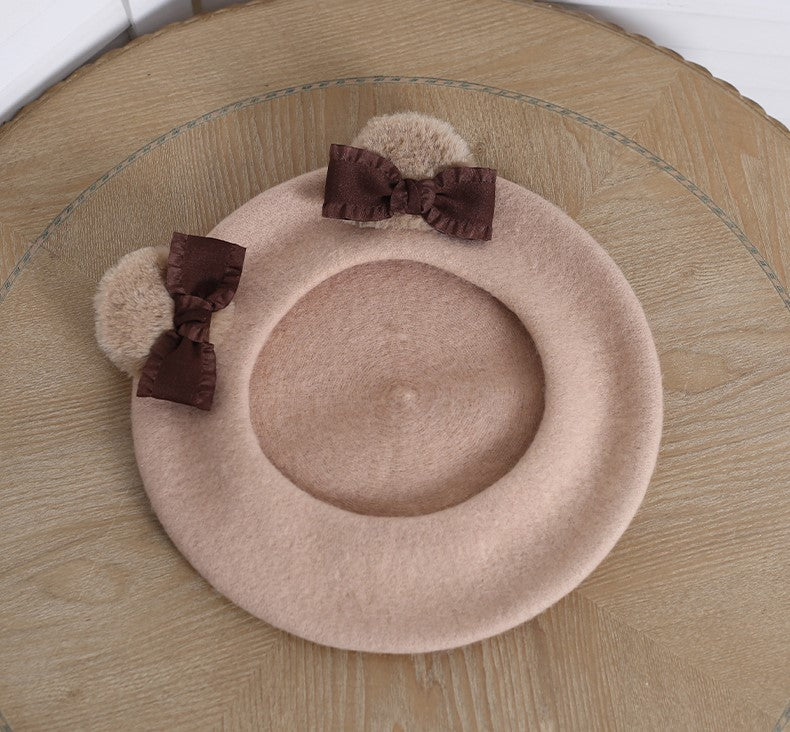 Cute Teddy Bear Ears with Bow Painter Beret Hat